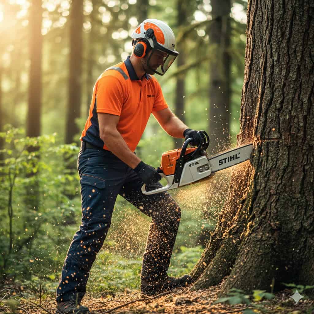 Arborista při práci v koruně stromu
