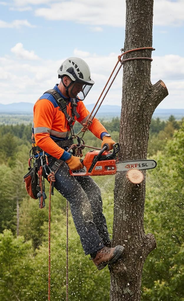 Arborista při kácení stromu